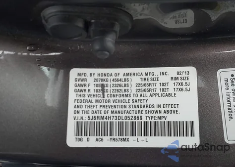 2013 Honda Cr-V Ex-L z USA, uszkodzony, nr VIN 5J6RM4H73DL052869